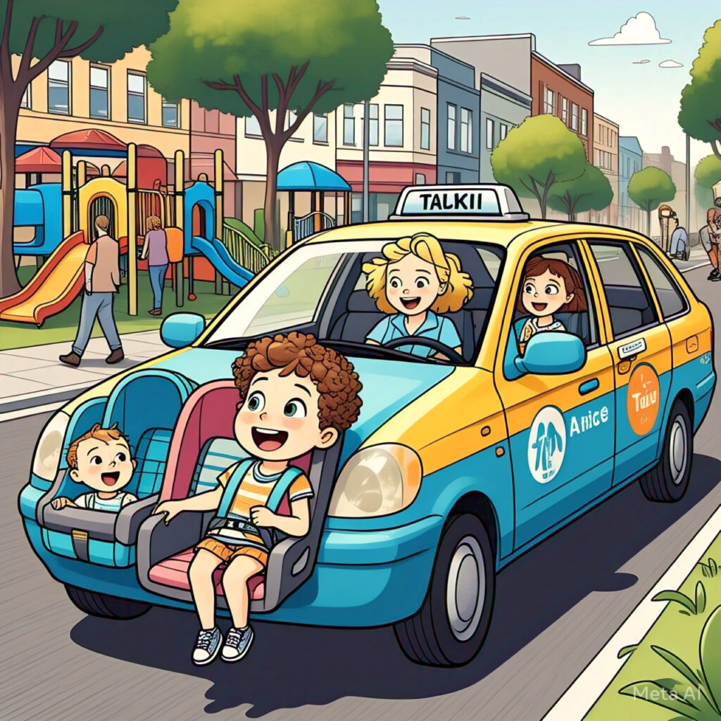 A cheerful driver assisting a family with young children into a taxi from Stillorgan to Dublin Airport.