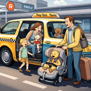 A bright, cartoon-style image of a family with young children exiting Dublin Airport and getting into a taxi with Tiny Tots Taxis branding. The vehicle is equipped with a baby car seat and booster seat, and the friendly driver is helping them with luggage.