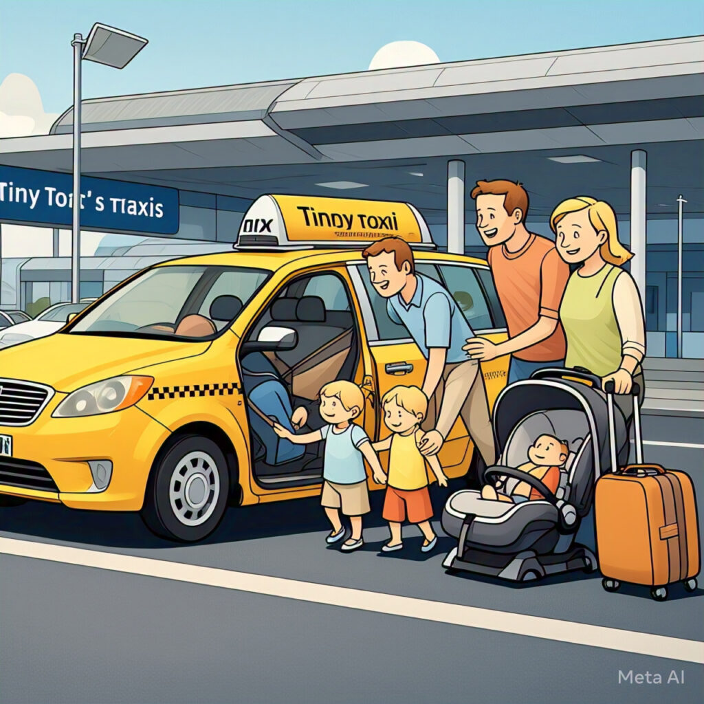 A colorful, family-friendly illustration showing a happy family inside a spacious taxi with pre-installed child car seats for toddlers and infants. The scene reflects the comfort and safety of Tiny Tots Taxis services for families traveling through Dublin Airport.