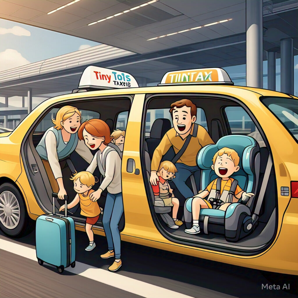A fun, cartoon-style image featuring a parent helping a child into a booster seat inside a Tiny Tots Taxis vehicle. The spacious car is designed for families, with enough room for strollers and luggage, ensuring a smooth transfer from Dublin Airport.