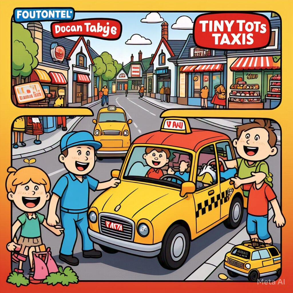 Cartoon-style family-friendly taxi in Lucan with a smiling driver helping parents and kids, featuring Lucan Village in the background.