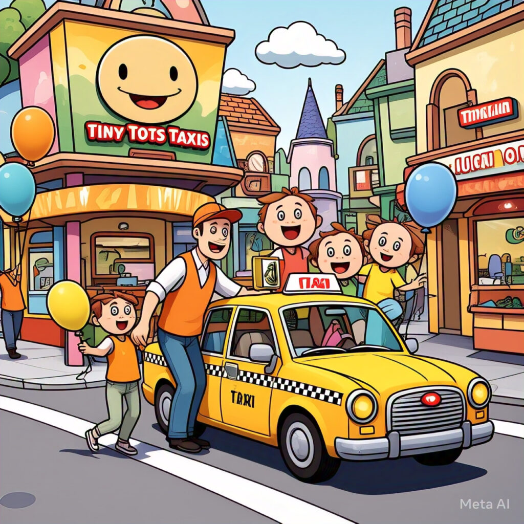 Bright and playful illustration of a Tiny Tots Taxis vehicle picking up a family in Lucan, with charming village streets behind them