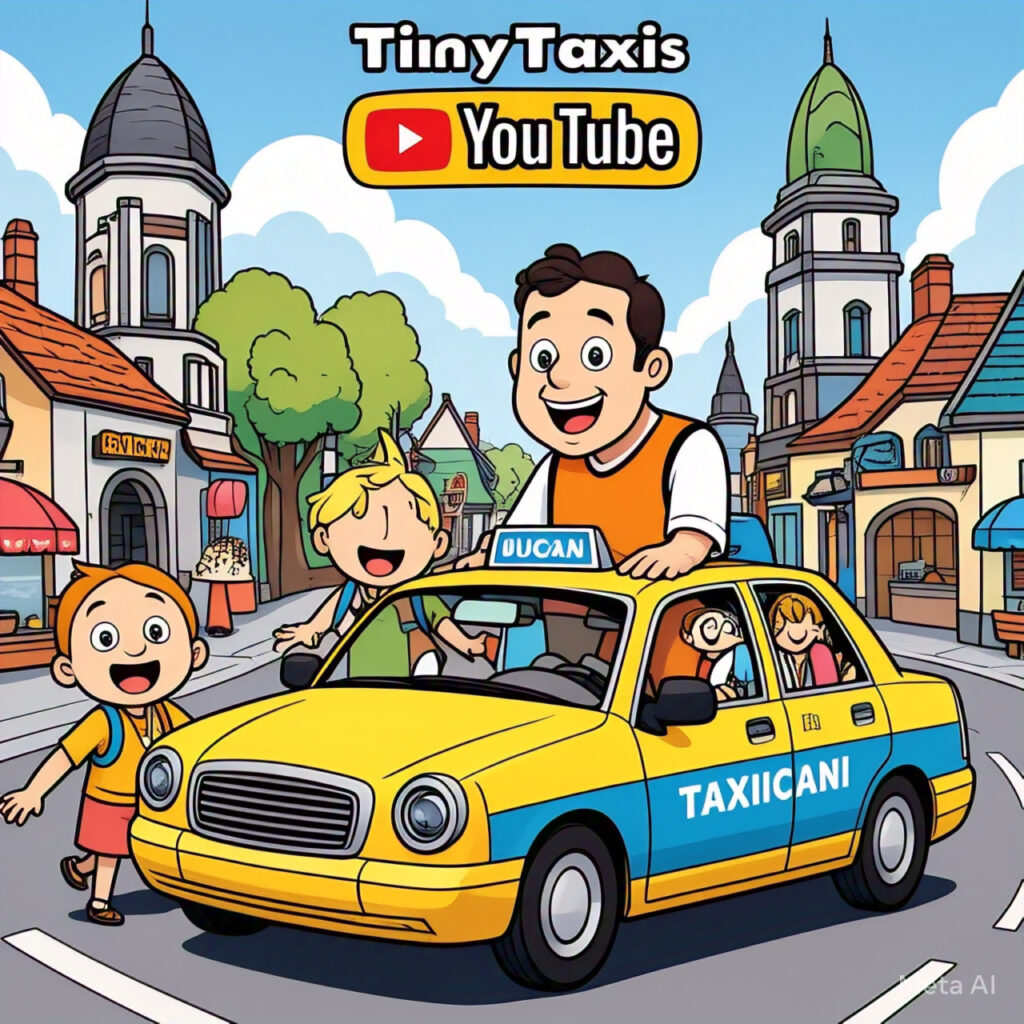 Fun and colorful YouTube thumbnail showing a happy family boarding a child-friendly taxi in Lucan, with local landmarks visible.