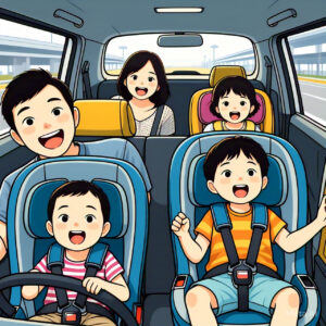 Family traveling in a spacious, child-friendly taxi from Celbridge to Dublin airport. Two young children are securely seated in car seats and booster seats while the parents relax in the front, with a clean and modern car interior