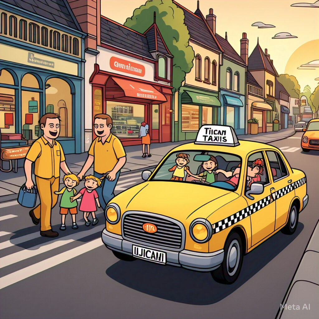 Tiny Tots Taxis cartoon image featuring a cheerful driver, a family with young kids, and a recognizable Lucan Village backdrop.