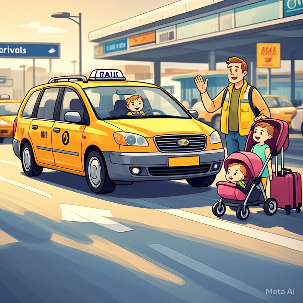 Tiny Tots Taxis providing a hassle-free airport transfer for families at Dublin Airport, featuring a modern taxi with car seats and a welcoming driver.