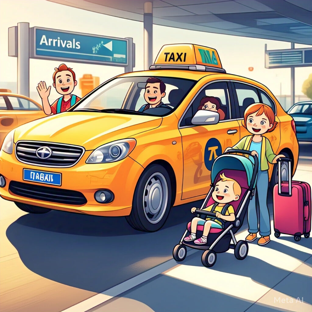 Excited family with a baby, stroller, and suitcases preparing for a stress-free airport transfer in a spacious, child-friendly taxi