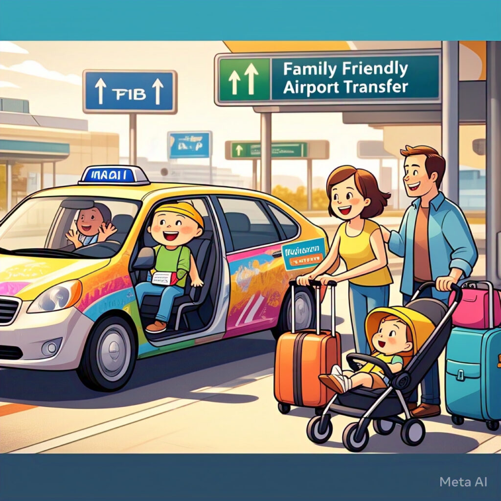 A bright, family-friendly taxi at Dublin Airport with a smiling driver waving and a happy toddler in a car seat, ready for a safe airport transfer
