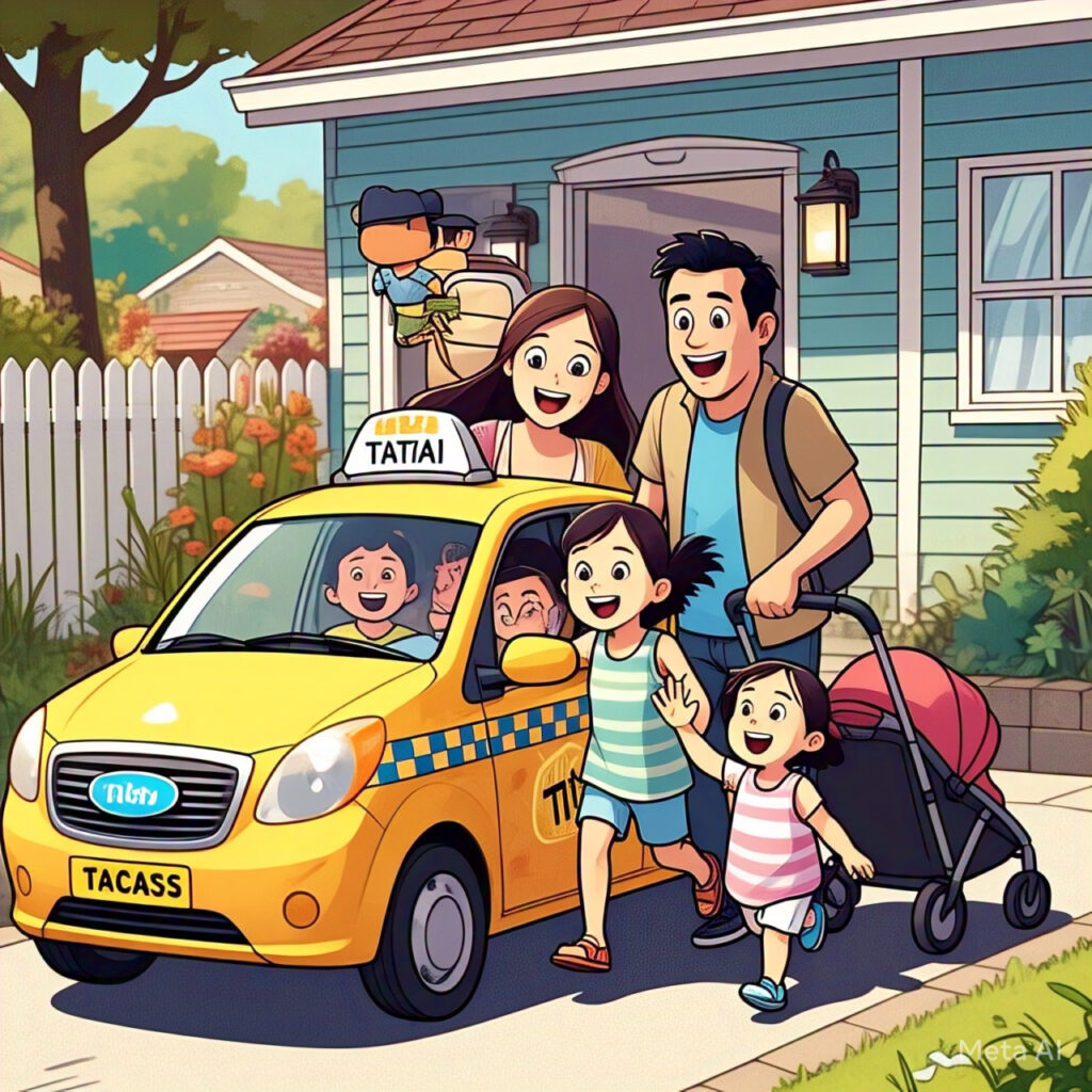A cheerful family stepping into a Tiny Tots Taxis vehicle in Naas, ready for a stress-free airport transfer with their luggage and stroller.