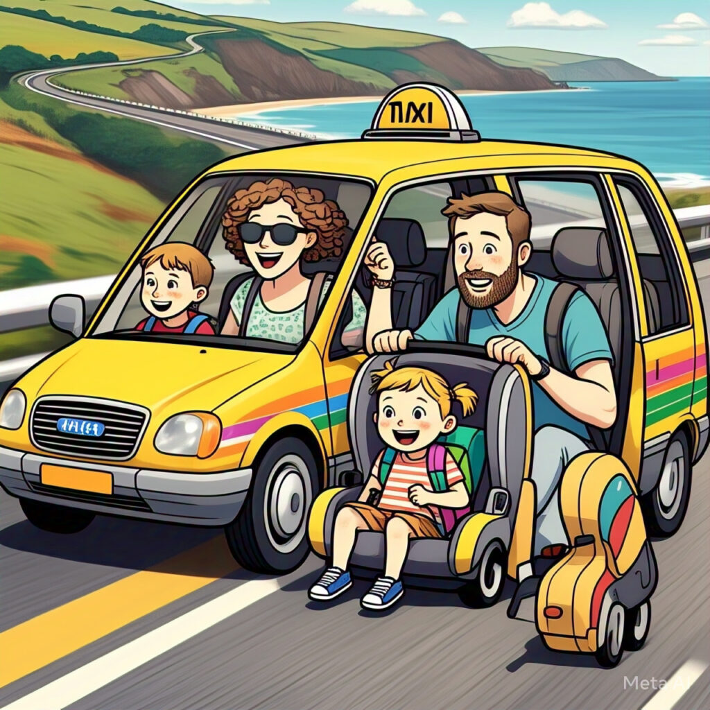 Parents and children traveling comfortably in a family-friendly taxi, equipped with child safety seats for a safe journey.