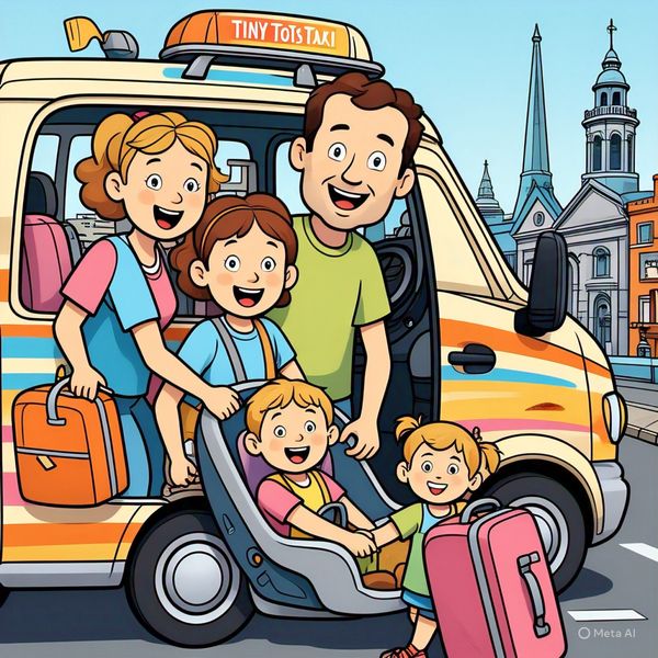Tiny Tots Taxis vehicle collecting parents and toddler near Malahide for child-friendly airport transfer — buggy storage and car seat already in place.