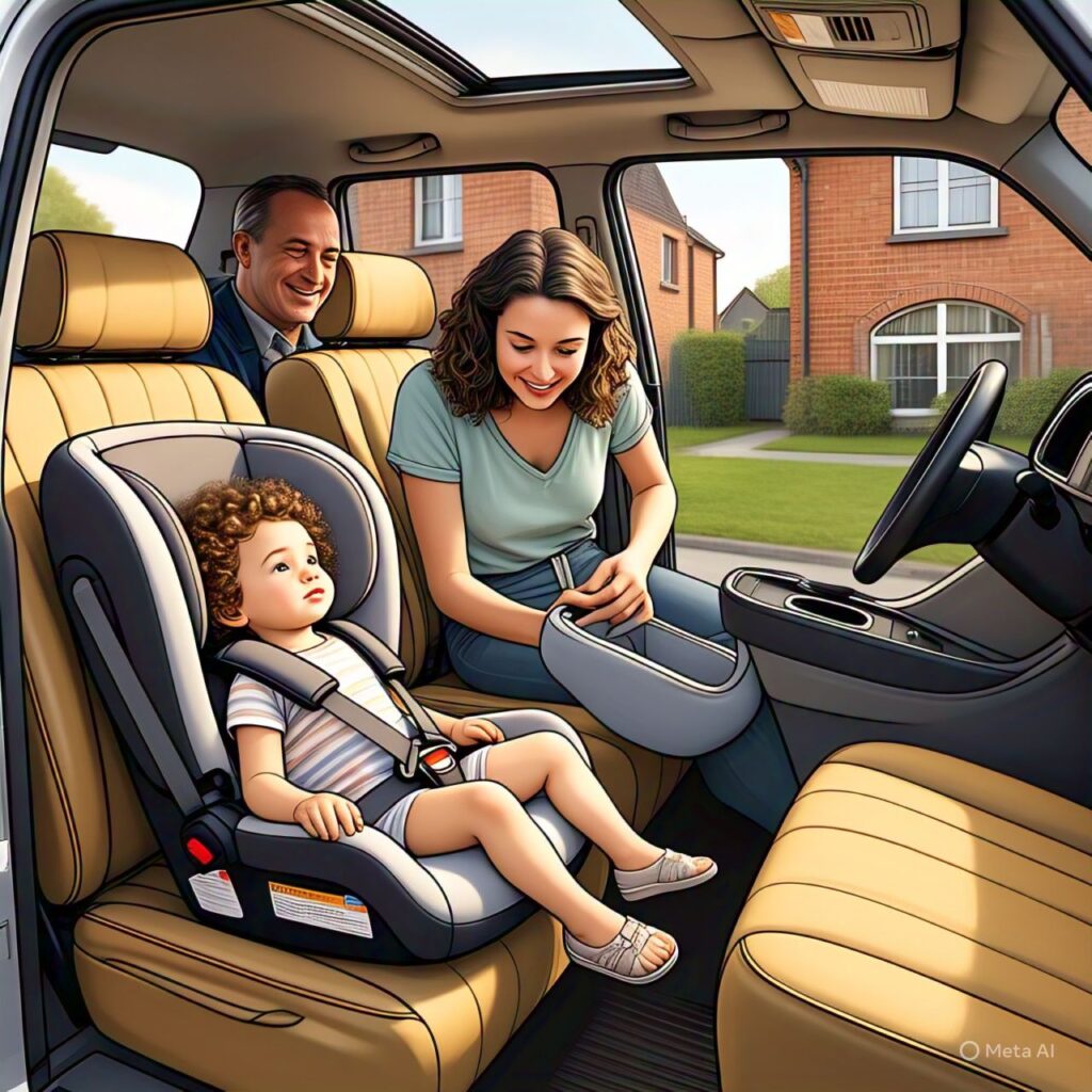 Interior of a taxi in Castleknock showing installed infant car seat and toddler booster sea