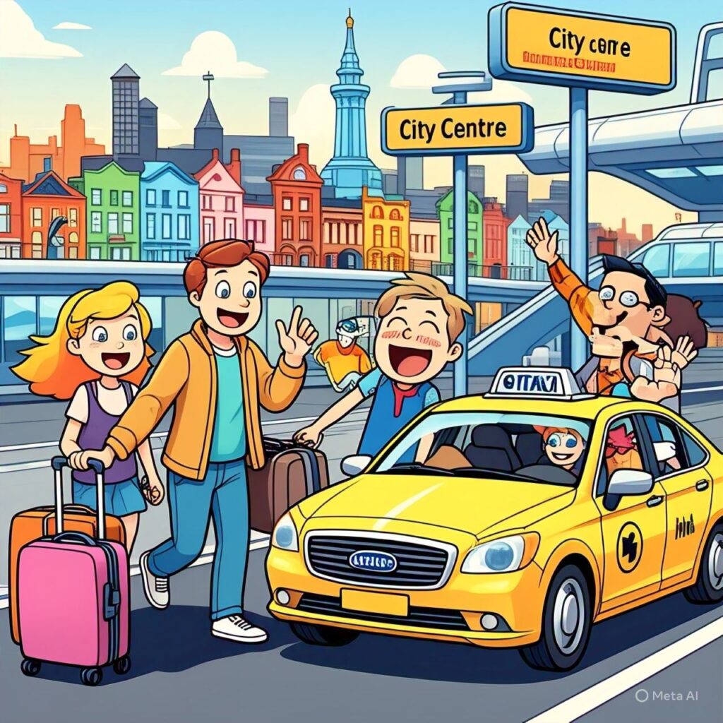Child-friendly taxi with car seats outside Dublin Airport terminal
