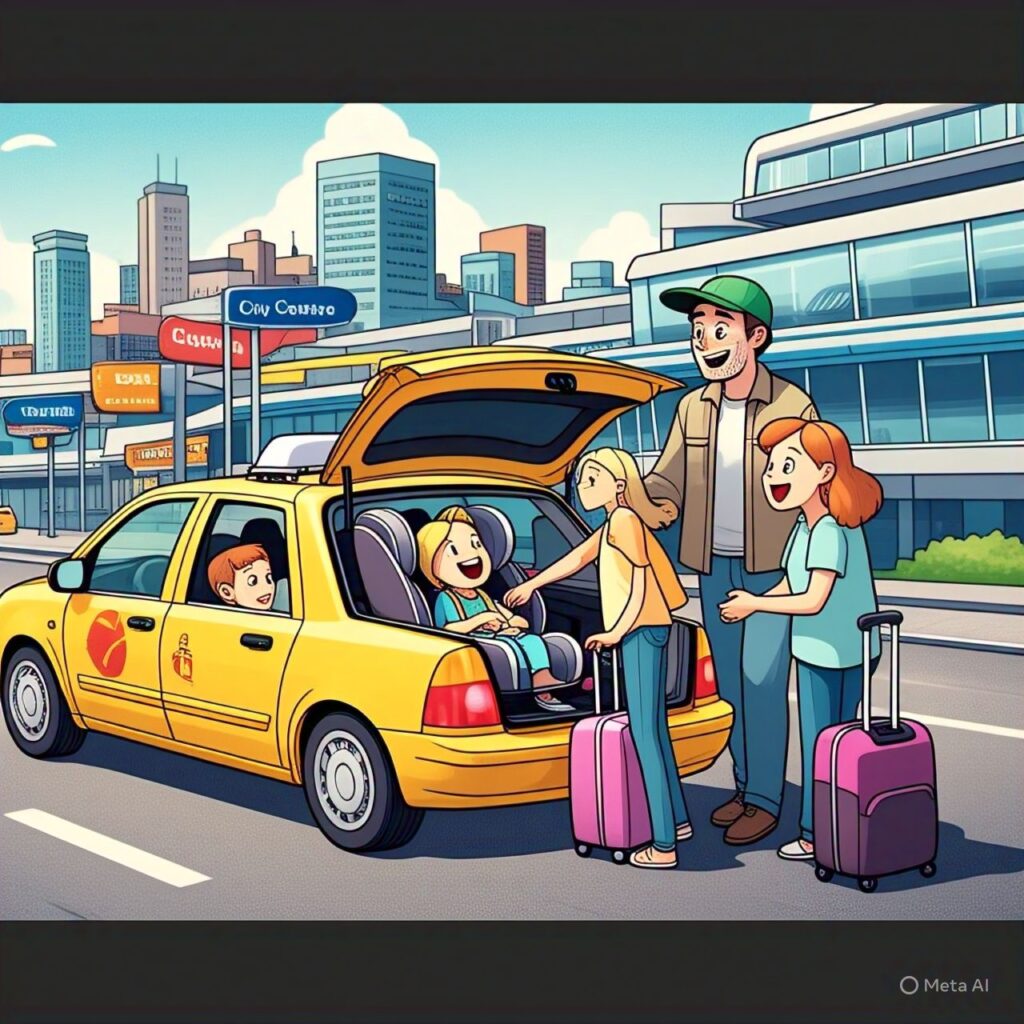 Cartoon family loading kids and suitcases into taxi at Dublin Airport