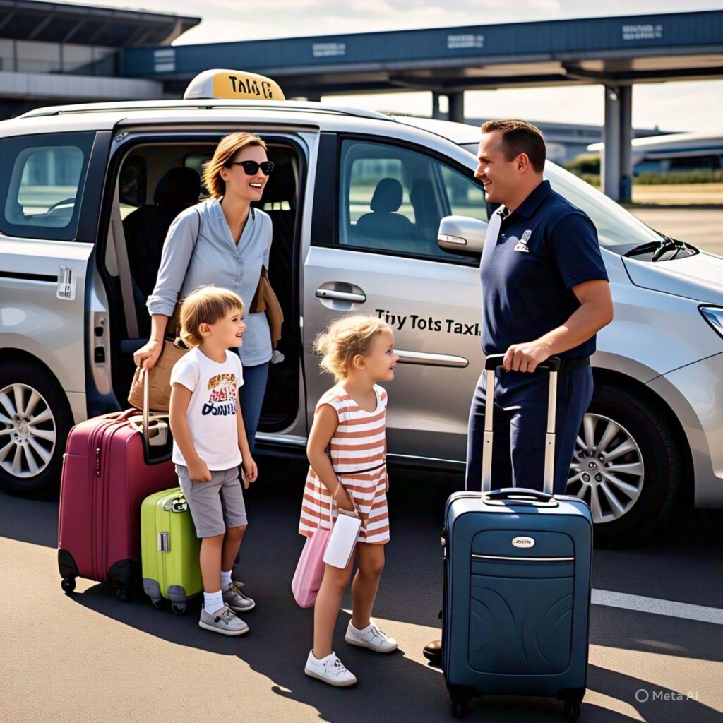 Happy family boarding our Leixlip to Dublin Airport taxi with child car seats visible