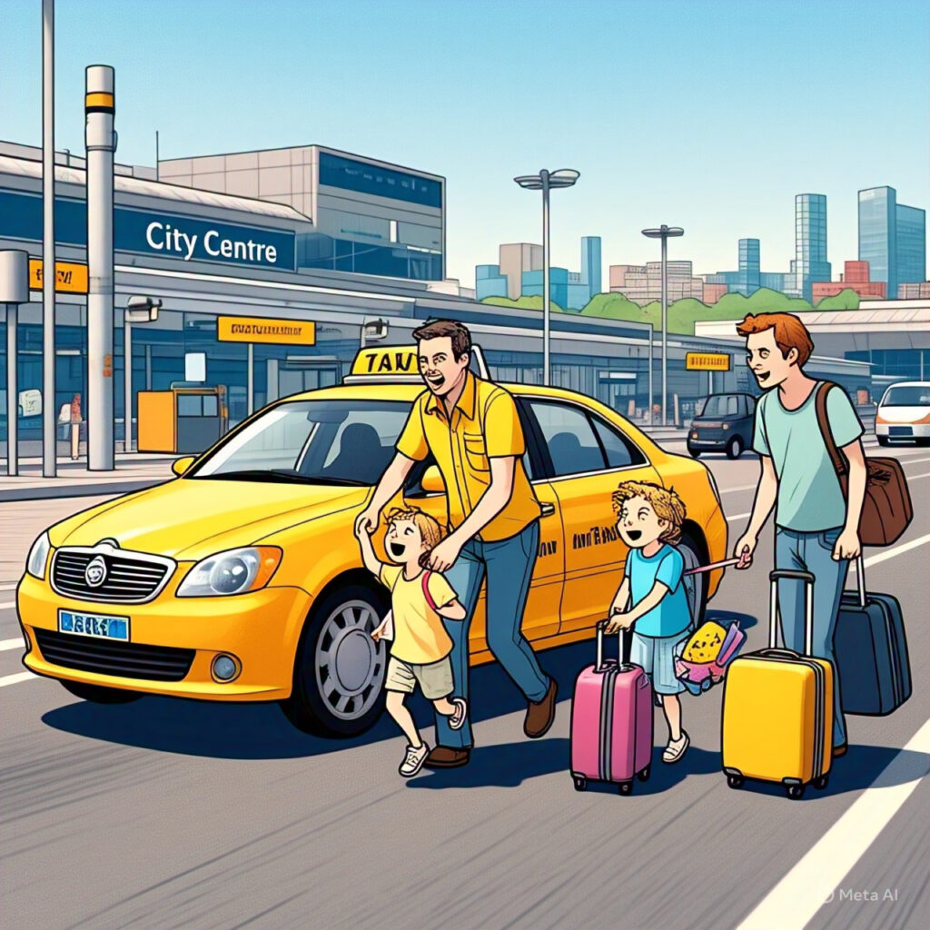 Bright cartoon taxi helping family travel safely from Dublin Airport