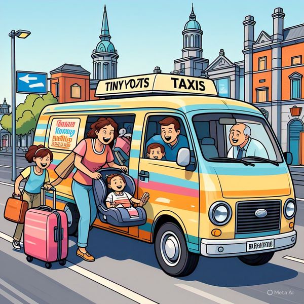 Smiling driver assists family with two young children and luggage in Castleknock — child-safe Dublin airport taxi with infant and booster seats ready for travel.