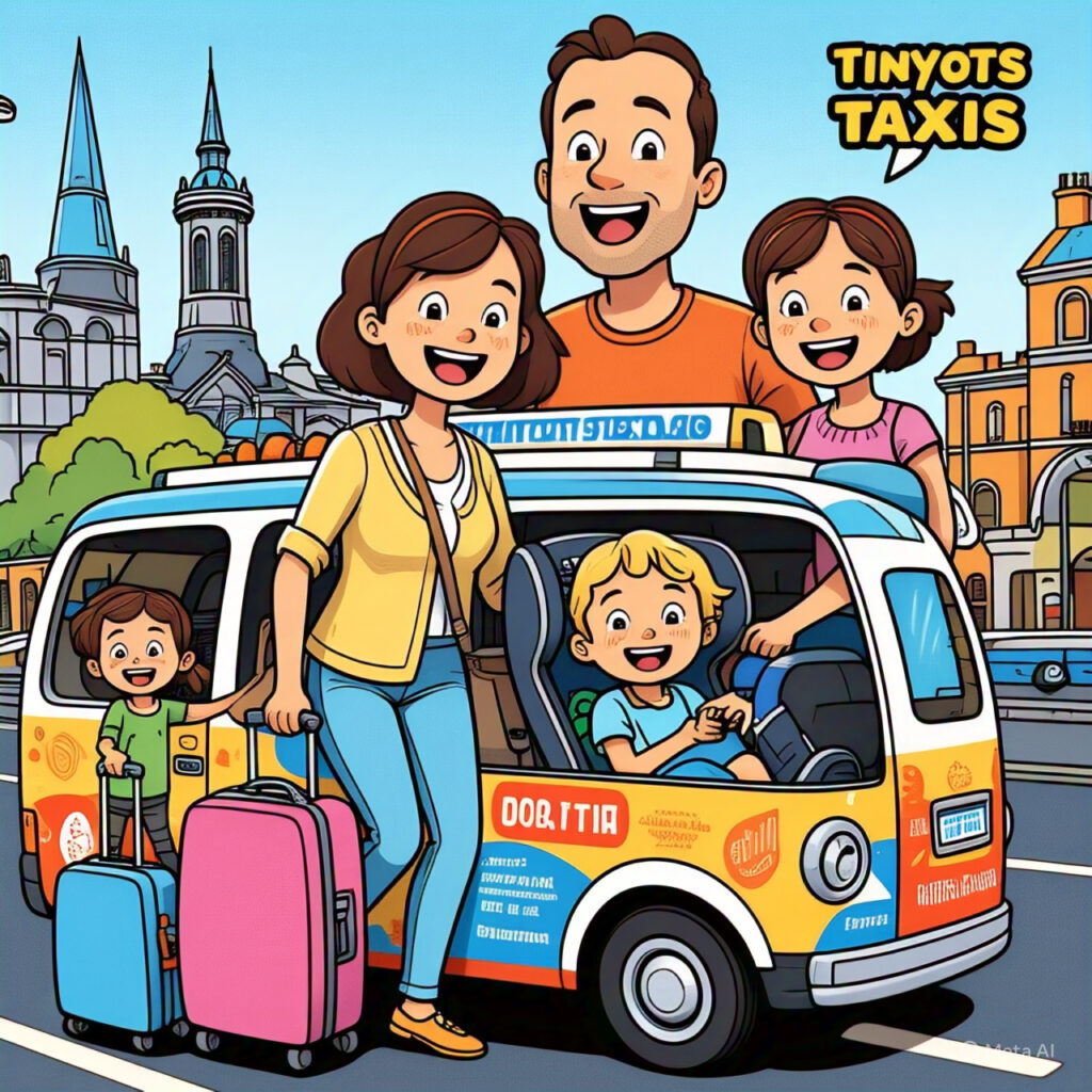 Family-friendly taxi with child seats parked in Lucan, Dublin — Tiny Tots Taxis vehicle helping parents with baby gear and car seats before a Dublin Airport transfer