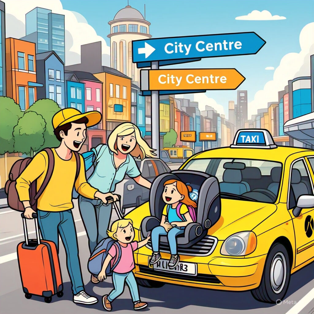 Smiling parents and children boarding Tiny Tots Taxis with bags and booster seats