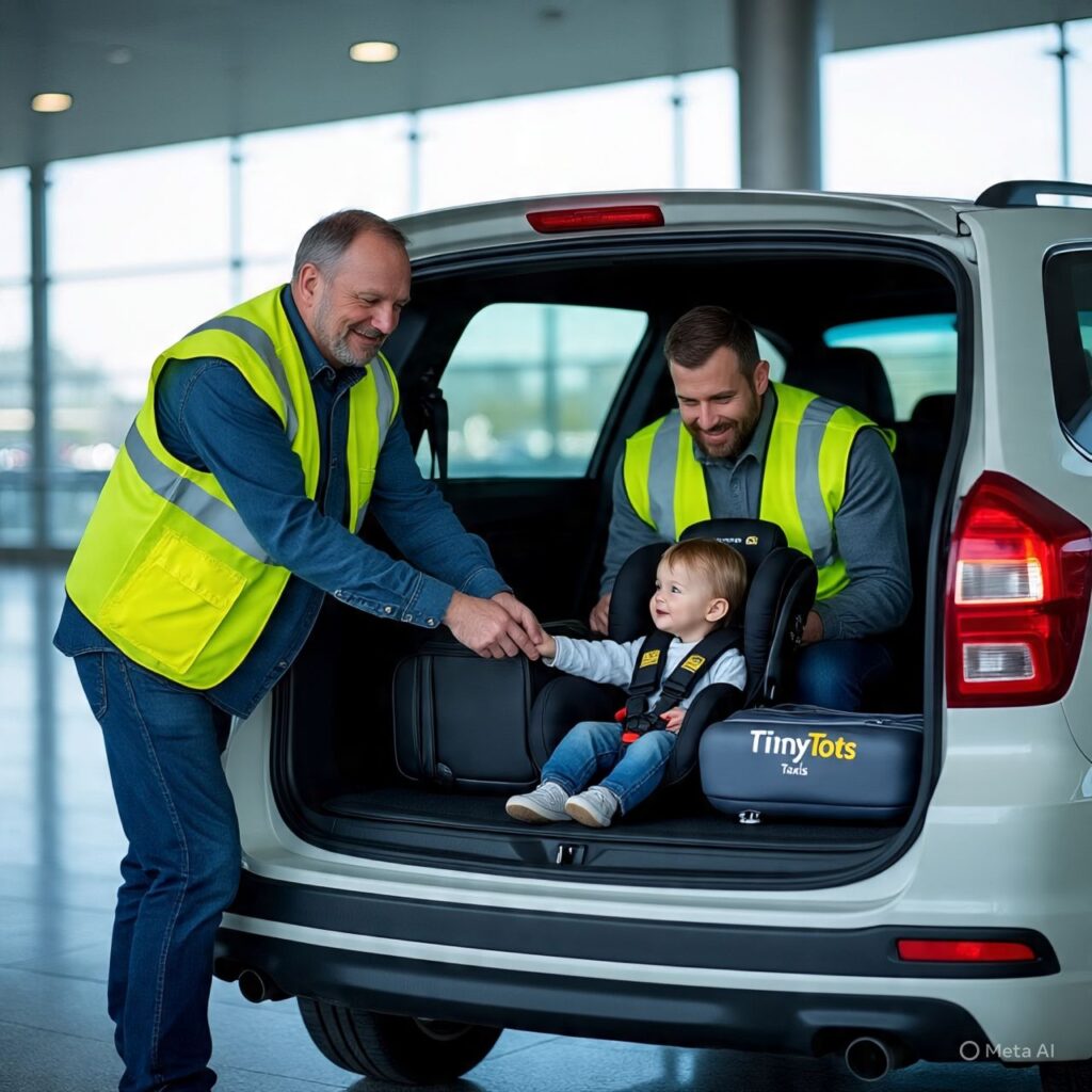 Professional Dublin Airport taxi service with child car seats - Friendly driver assisting family with baby seat installation in spacious TinyTots Taxi vehicle at arrivals