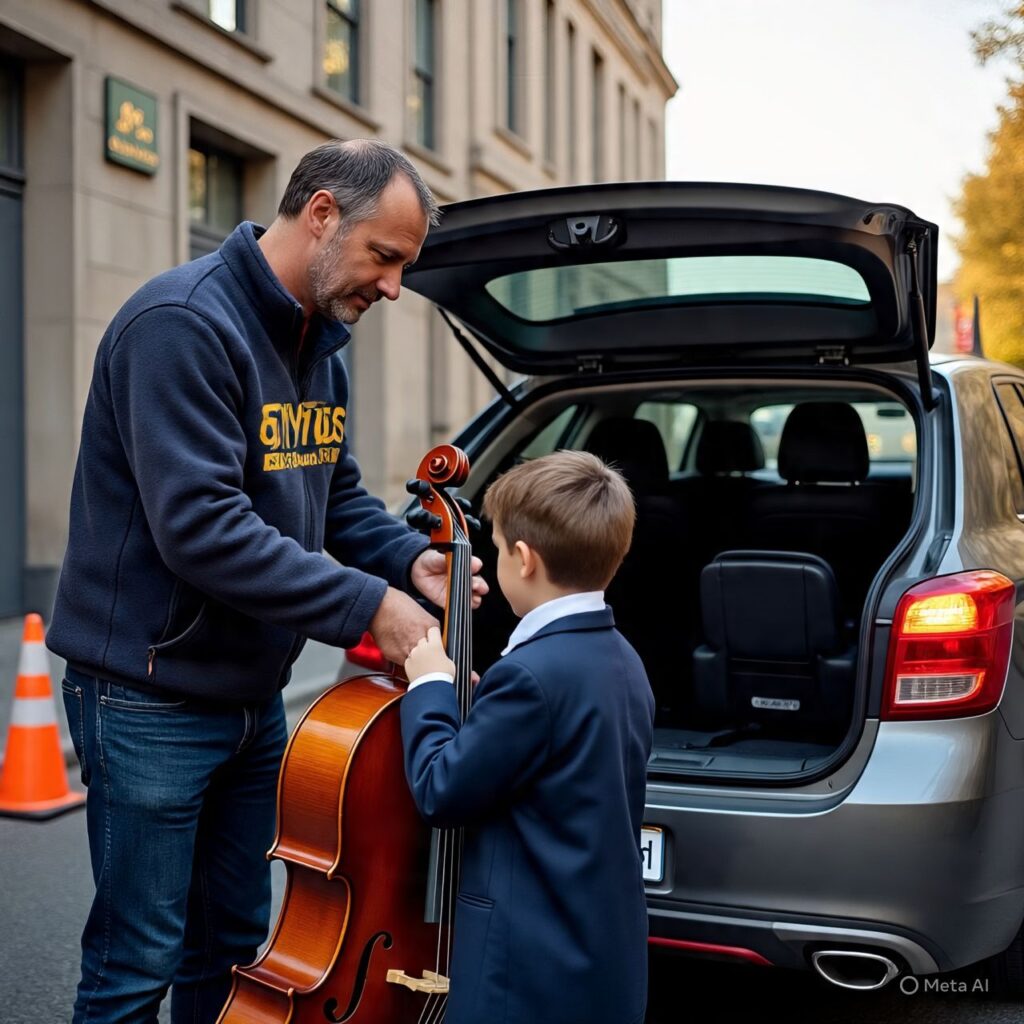 "Safe school taxi service South Dublin - Trusted driver assisting St. Conleth’s student with cello and schoolbag in Ballsbridge, showing proper booster seat installation"