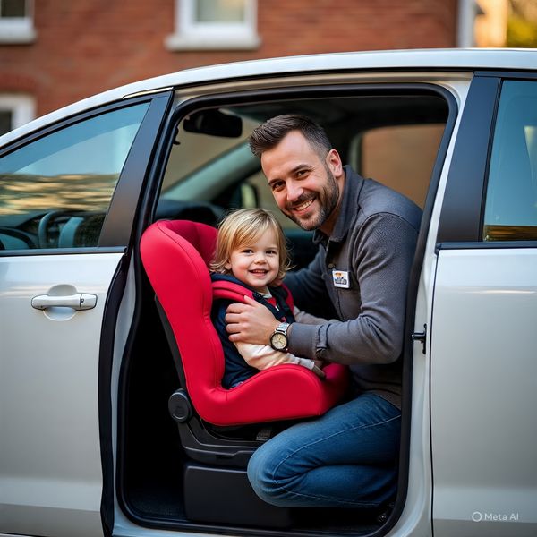 ublin child taxi service with booster seats - Professional TinyTots driver assisting happy child with seatbelt while parents load school bags into spotless family taxi