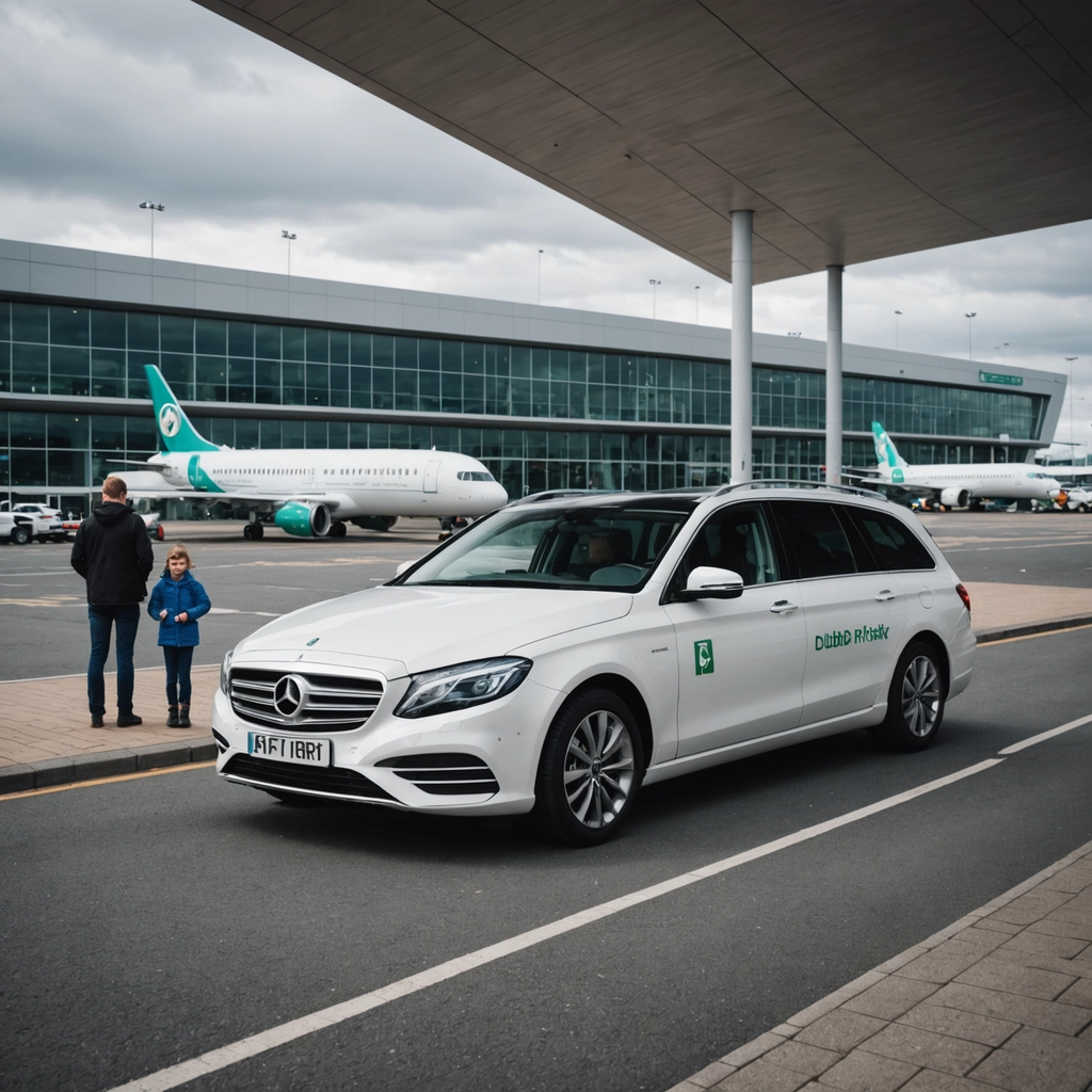 A happy family arrives at Dublin Airport, where a uniformed, smiling driver greets them and assists with their suitcases. The parents look relaxed while the children watch, one sitting in a provided child car seat inside the modern, comfortable vehicle.