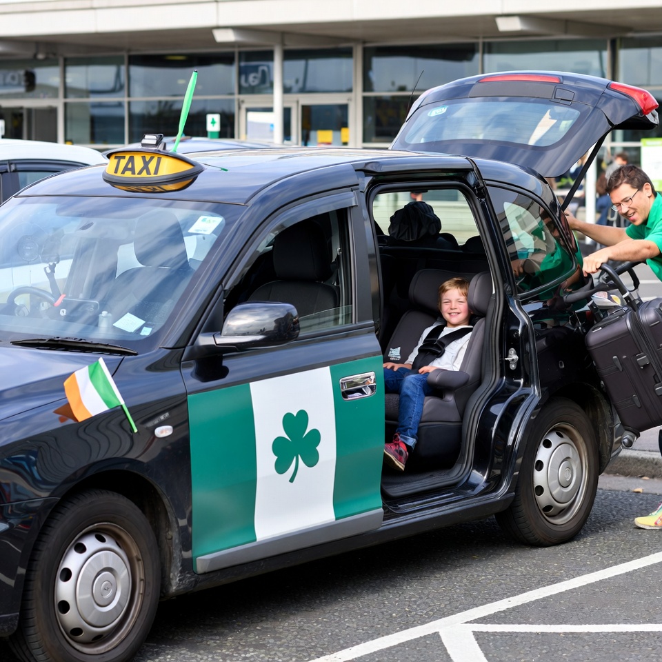 Family airport taxi at Dublin Airport decorated for St Patrick’s Day with child safely secured in car seat during pickup