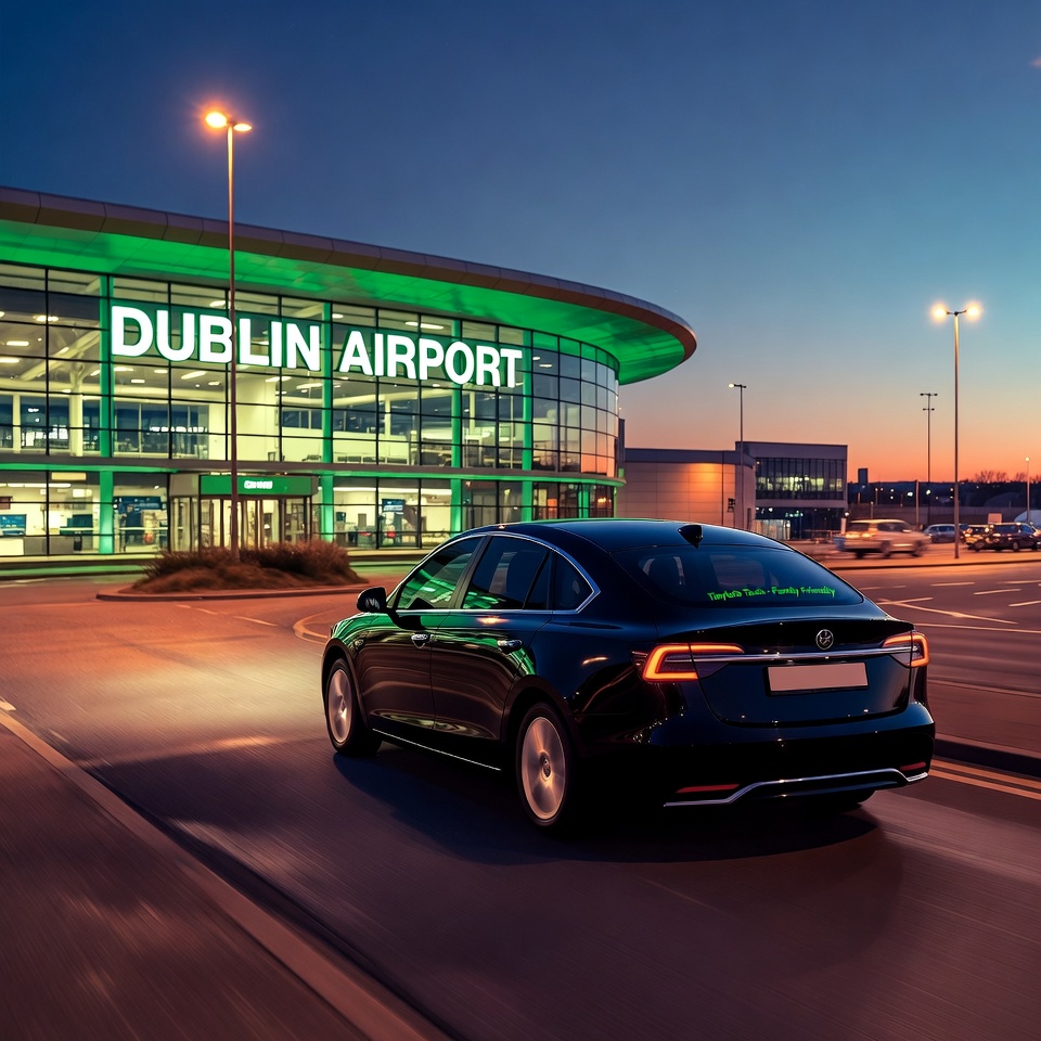 Modern family taxi leaving Dublin Airport terminal during St Patrick’s Day with professional airport transfer